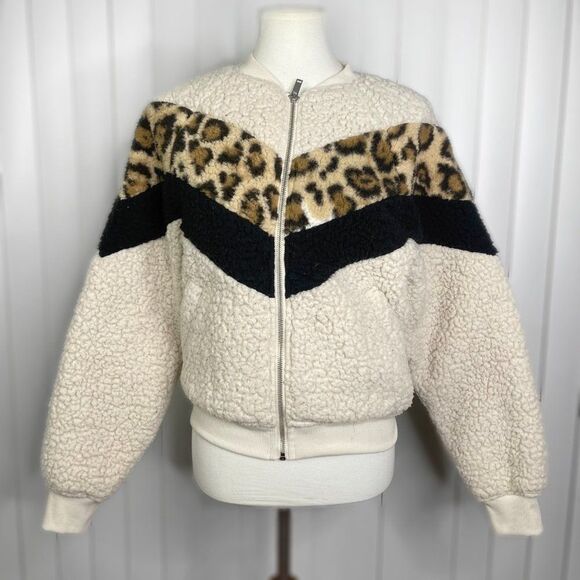 Express Leopard Print Sherpa Zip Up Sweater Jacket Size Small - Picture 1 of 6